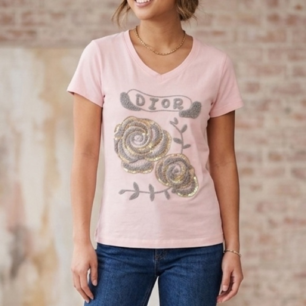 Dior Vintage Pink Tee with Sequined Rose Motif - Picture 2 of 14